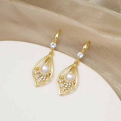 French Simple Pearl Drop Earrings Temperament Leaf Earrings Earrings-Jewearrings