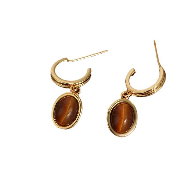 French Tiger Eye Vintage Court Style Gold Geometric Earrings-Jewearrings