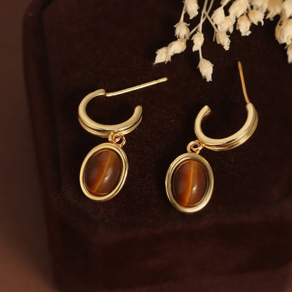 French Tiger Eye Vintage Court Style Gold Geometric Earrings-Jewearrings