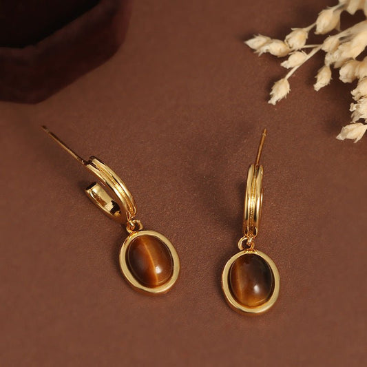 French Tiger Eye Vintage Court Style Gold Geometric Earrings-Jewearrings