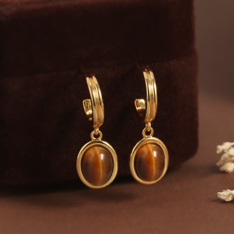 French Tiger Eye Vintage Court Style Gold Geometric Earrings-Jewearrings