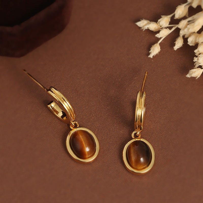 French Tiger Eye Vintage Court Style Gold Geometric Earrings-Jewearrings