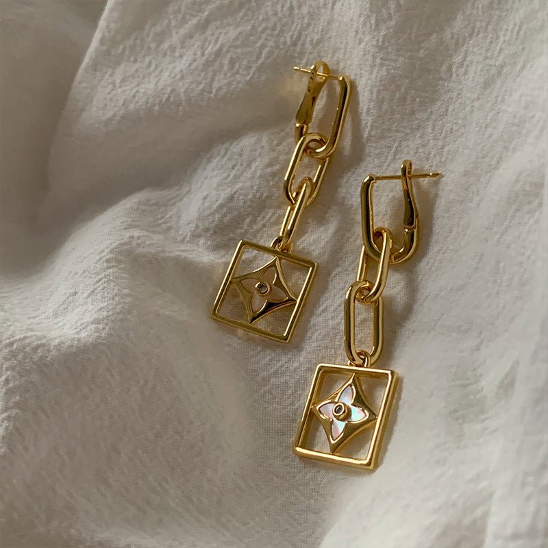 French Vintage Earrings With Diamonds And Long Gold Chain-Jewearrings