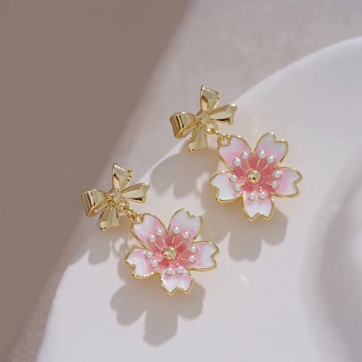 French Vintage Gold Bow Earrings: Chic Cherry Blossoms-Jewearrings