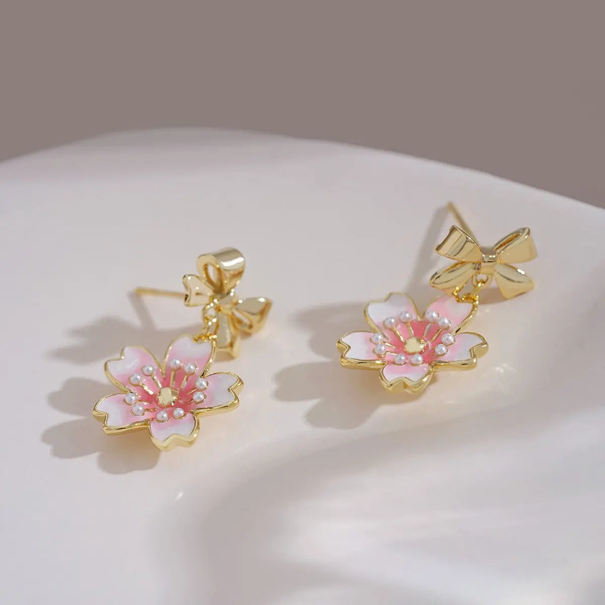 French Vintage Gold Bow Earrings: Chic Cherry Blossoms-Jewearrings