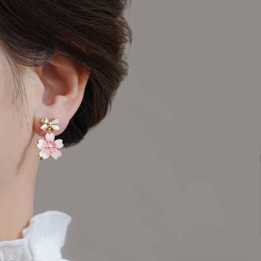 French Vintage Gold Bow Earrings: Chic Cherry Blossoms-Jewearrings