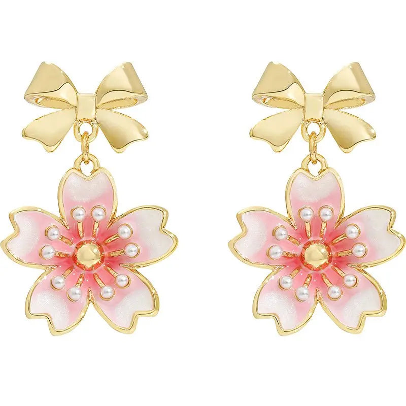 French Vintage Gold Bow Earrings: Chic Cherry Blossoms-Jewearrings