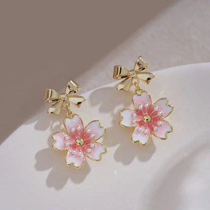 French Vintage Gold Bow Earrings: Chic Cherry Blossoms-Jewearrings