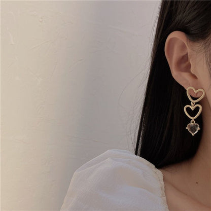 French Vintage Matte Gold Hollow Heart Pendant Earrings-Jewearrings