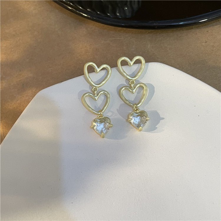 French Vintage Matte Gold Hollow Heart Pendant Earrings-Jewearrings