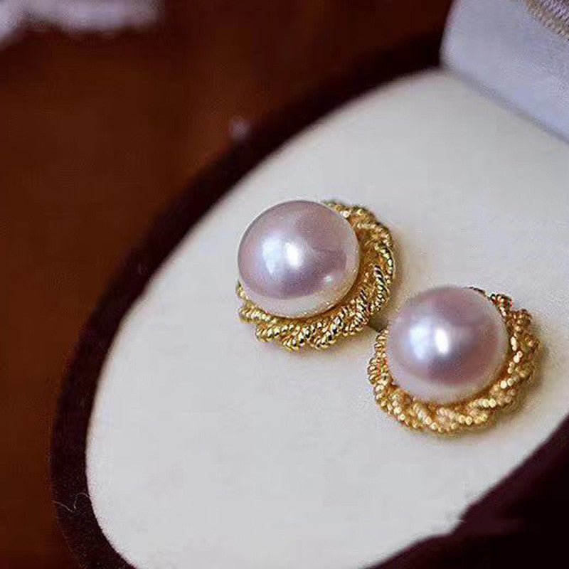 Freshwater Pearl Gold Twist Stud Earrings-Jewearrings