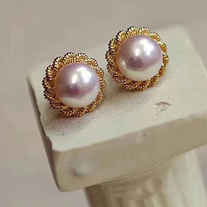 Freshwater Pearl Gold Twist Stud Earrings-Jewearrings