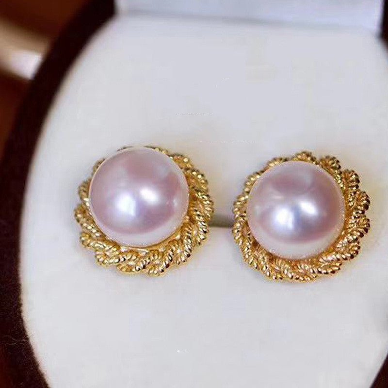 Freshwater Pearl Gold Twist Stud Earrings-Jewearrings