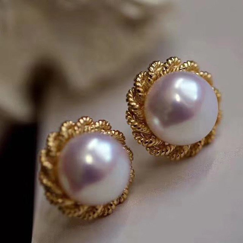 Freshwater Pearl Gold Twist Stud Earrings-Jewearrings