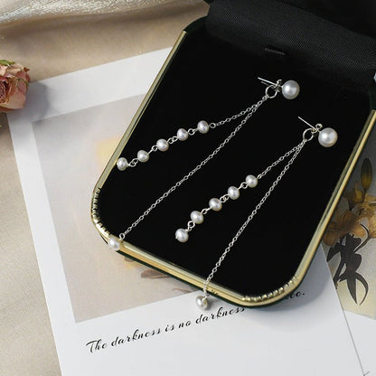 Freshwater Pearl Tassel Long Earrings Real 925 Sterling Silver Jewelry-Jewearrings