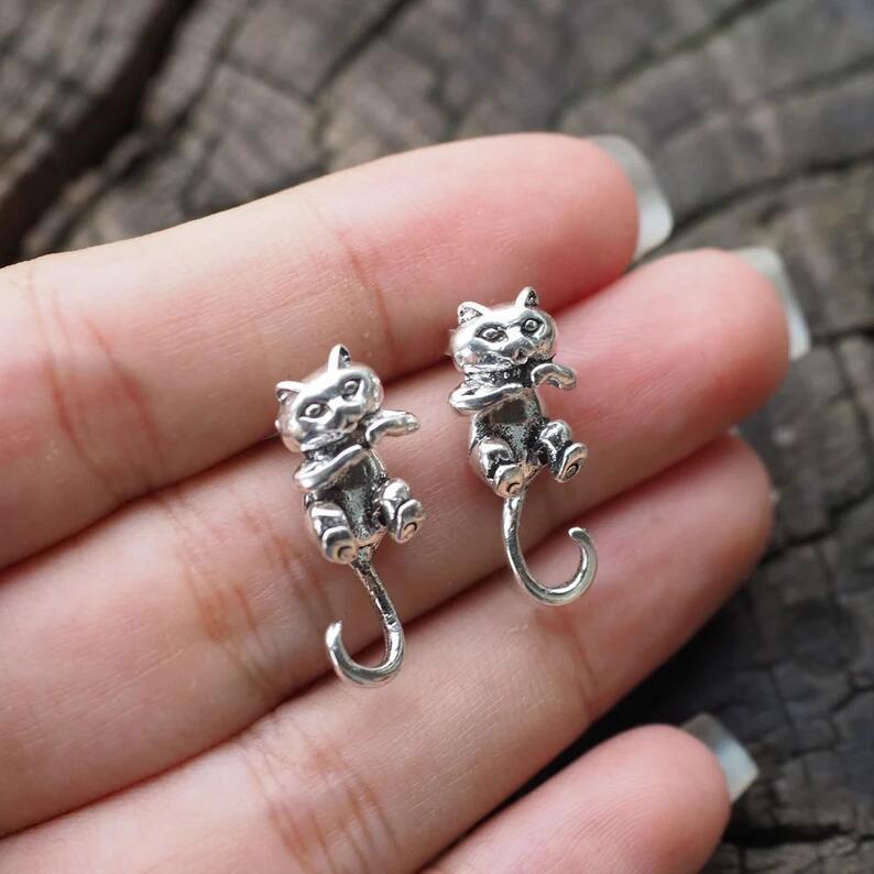 Frog Earrings Vintage Silver Cat Earrings-Jewearrings