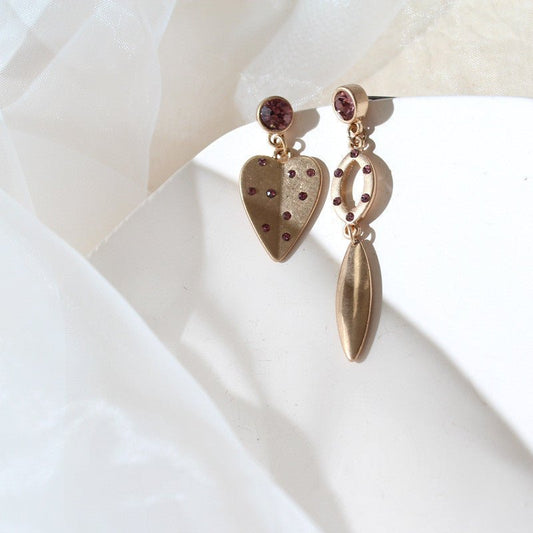 Frosted Vintage Gold Glitter Diamond Heart-shaped Leaf Earrings-Jewearrings