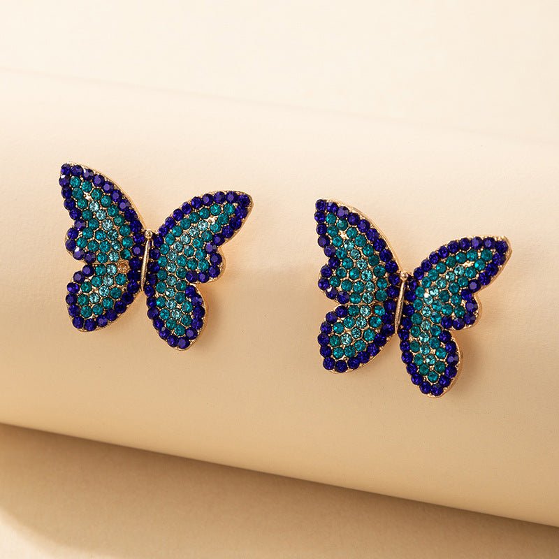 Frosty Wind Earrings Ear Jewelry Female Popular Elements Blue Full Diamond Butterfly Stud Earrings-Jewearrings