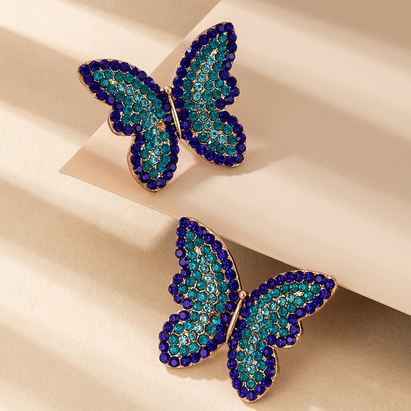 Frosty Wind Earrings Ear Jewelry Female Popular Elements Blue Full Diamond Butterfly Stud Earrings-Jewearrings