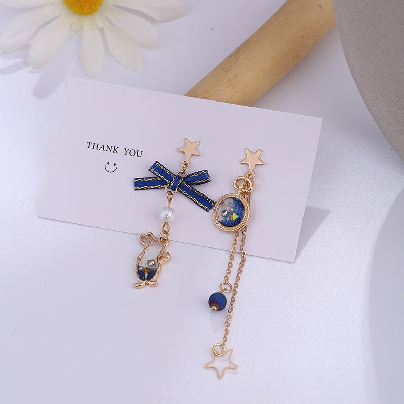 Full 38-10 Silver Needle S925 Blue Dream Rabbit Bow Asymmetric Earrings Long Frosted Bead Earrings-Jewearrings