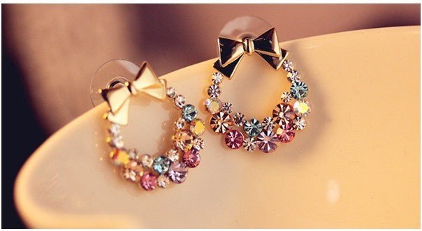 Full Diamond Bow Stud Earrings, Vintage Exquisite Flowers-Jewearrings