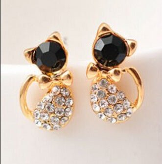 Full diamond cat cute bow kitten earrings-Jewearrings