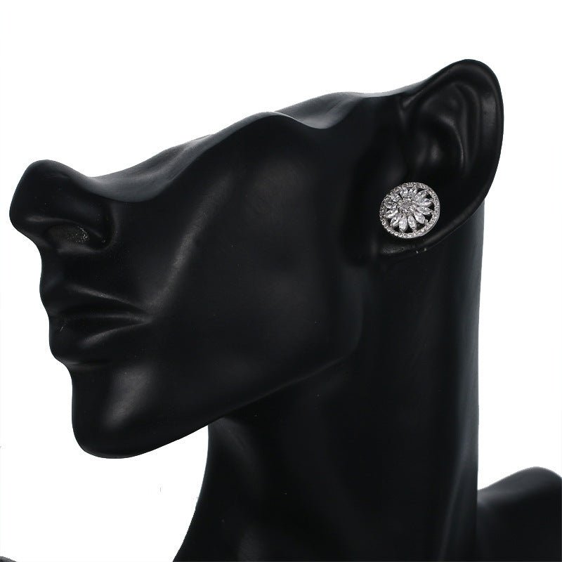 Full Diamond Horse Eye Sun Flower Zircon Earring Stud Earrings-Jewearrings