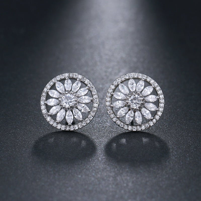 Full Diamond Horse Eye Sun Flower Zircon Earring Stud Earrings-Jewearrings