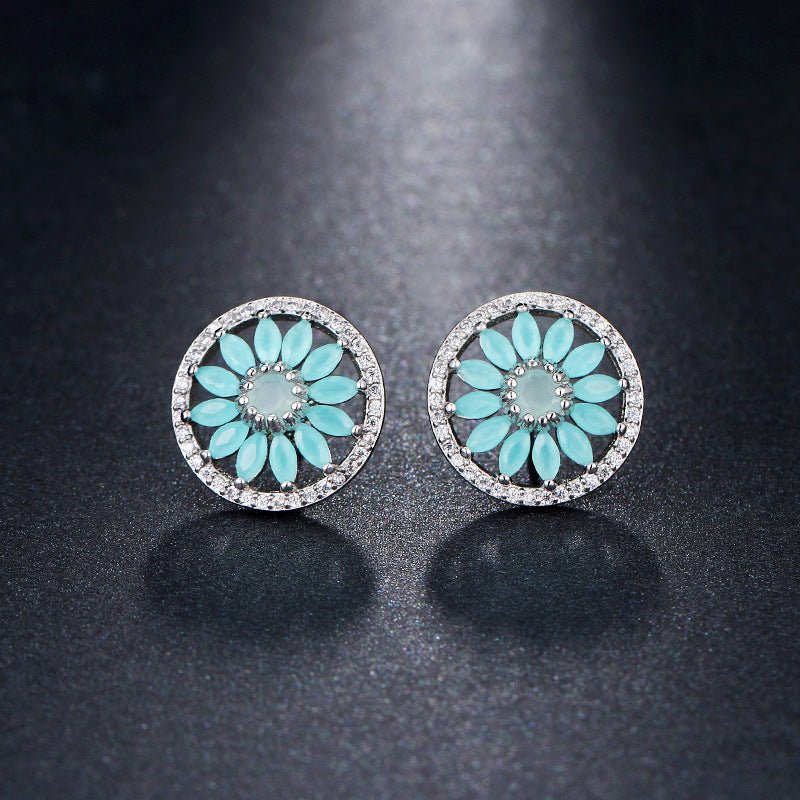 Full Diamond Horse Eye Sun Flower Zircon Earring Stud Earrings-Jewearrings