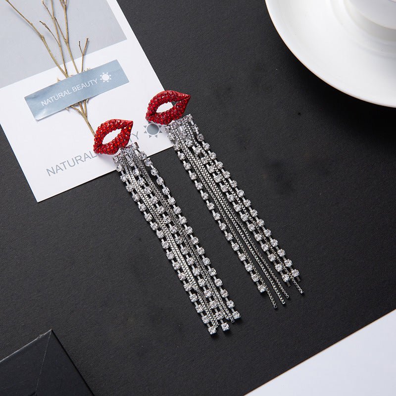 Full Diamond Lip Stud Earrings Long Tassel Crystal-Jewearrings