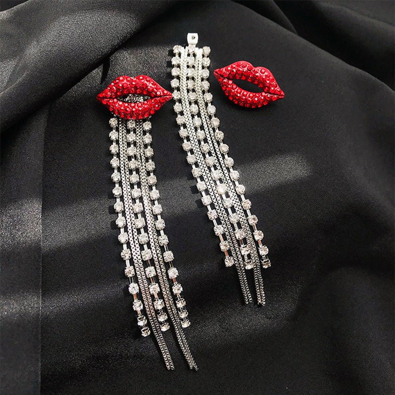 Full Diamond Lip Stud Earrings Long Tassel Crystal-Jewearrings