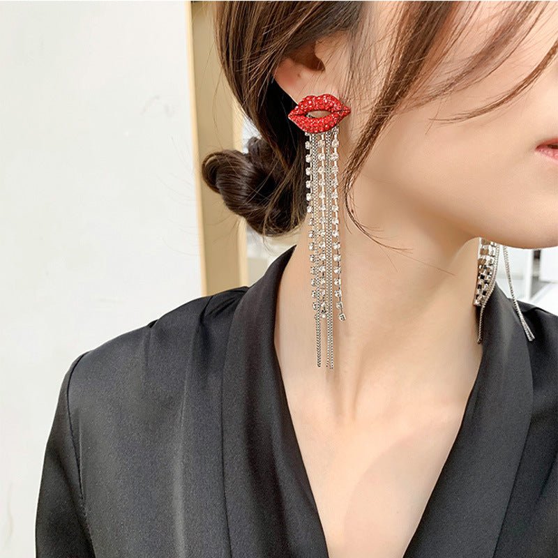 Full Diamond Lip Stud Earrings Long Tassel Crystal-Jewearrings