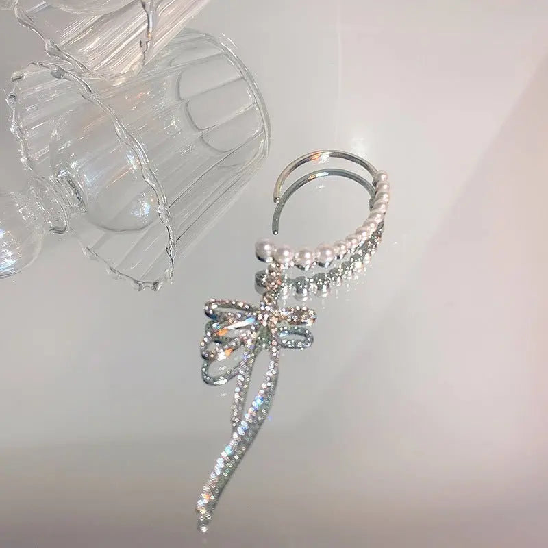 Full Diamond Pearl Bow Earrings-Jewearrings