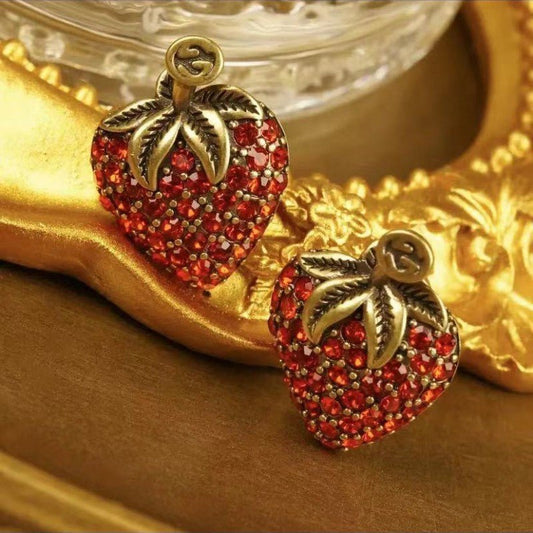 Full Diamond Red Strawberry Cute Sweet Cool Vintage Earrings-Jewearrings