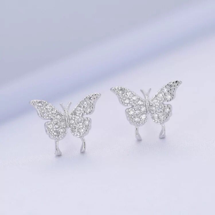 Full diamond small butterfly earrings female pierced ears ear clips forest girl wild net red earrings new 925 silver needle-Jewearrings