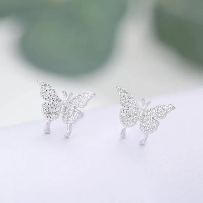 Full diamond small butterfly earrings female pierced ears ear clips forest girl wild net red earrings new 925 silver needle-Jewearrings