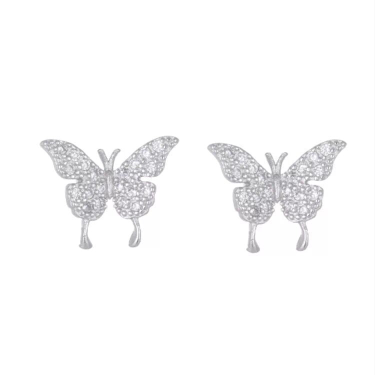 Full diamond small butterfly earrings female pierced ears ear clips forest girl wild net red earrings new 925 silver needle-Jewearrings