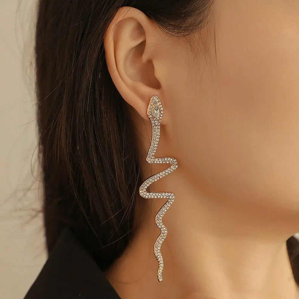 Full Diamond Snake Earrings - Fashion Exaggerated-Jewearrings