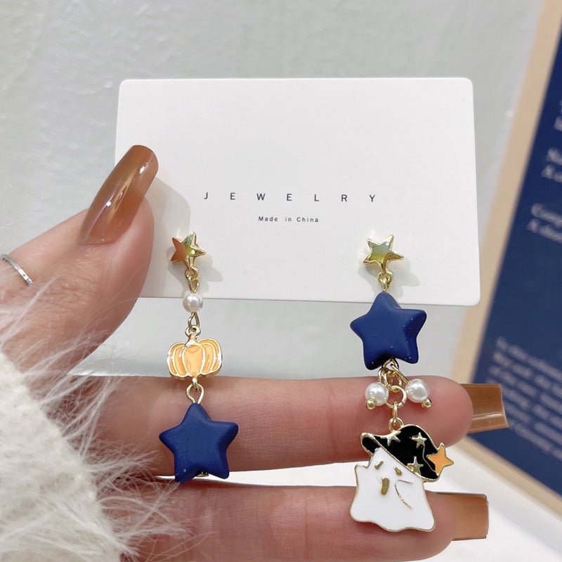 Funny Ghost Design Ear Studs Ins Style Contrast Color Asymmetric Pumpkin Earrings-Jewearrings