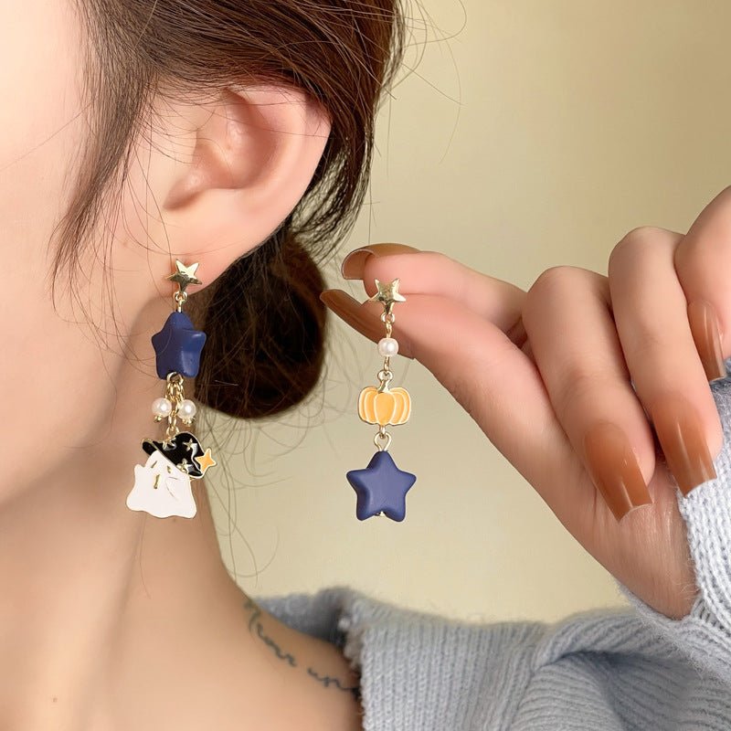 Funny Ghost Design Ear Studs Ins Style Contrast Color Asymmetric Pumpkin Earrings-Jewearrings