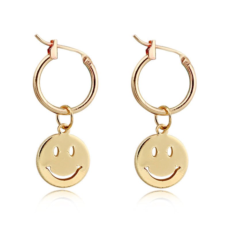 Funny Smile Face Hoop Earrings Pendant For Women Gold Alloy Geometric Carving Earring Jewelry-Jewearrings