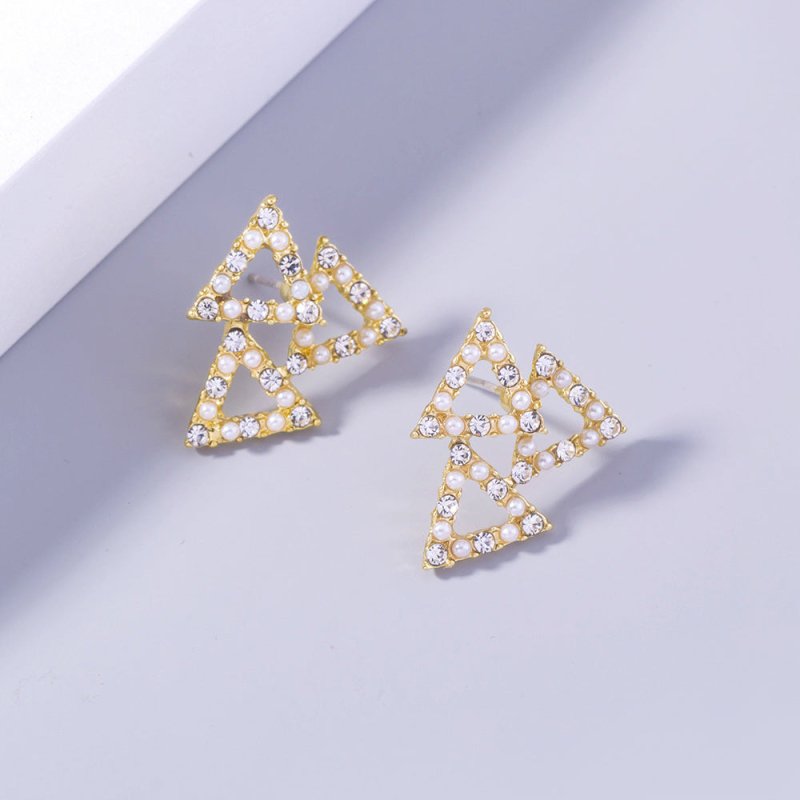 Geometric Golden Pearl And Diamond Triangle Tree Stud Earrings-Jewearrings