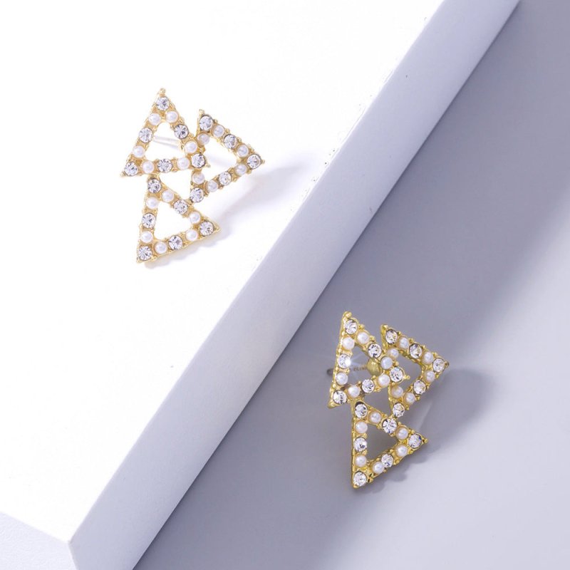 Geometric Golden Pearl And Diamond Triangle Tree Stud Earrings-Jewearrings