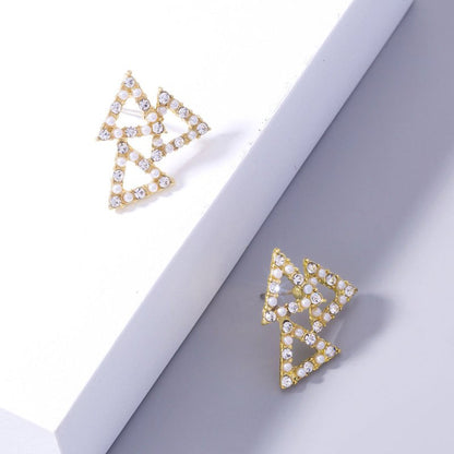 Geometric Golden Pearl And Diamond Triangle Tree Stud Earrings-Jewearrings