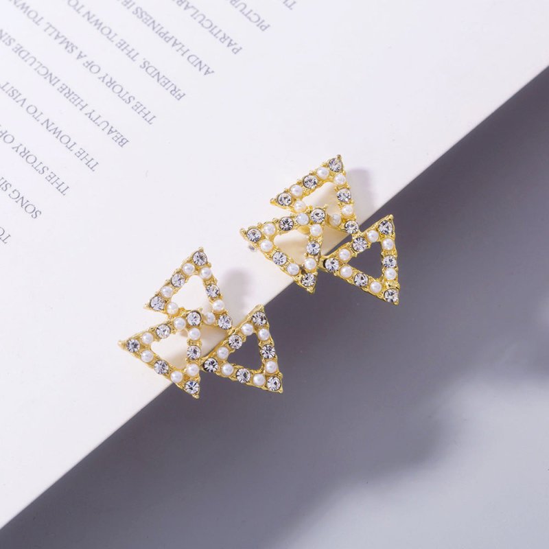 Geometric Golden Pearl And Diamond Triangle Tree Stud Earrings-Jewearrings