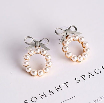 Geometric Pearl Stud Earrings Chic Cute Girl Bow Round Drop Earrings-Jewearrings