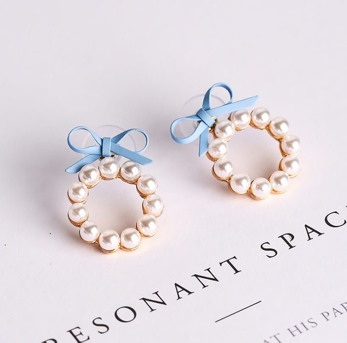 Geometric Pearl Stud Earrings Chic Cute Girl Bow Round Drop Earrings-Jewearrings