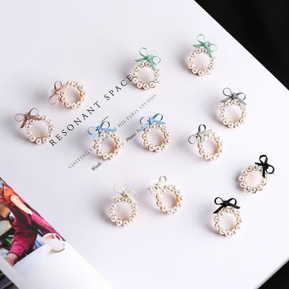 Geometric Pearl Stud Earrings Chic Cute Girl Bow Round Drop Earrings-Jewearrings