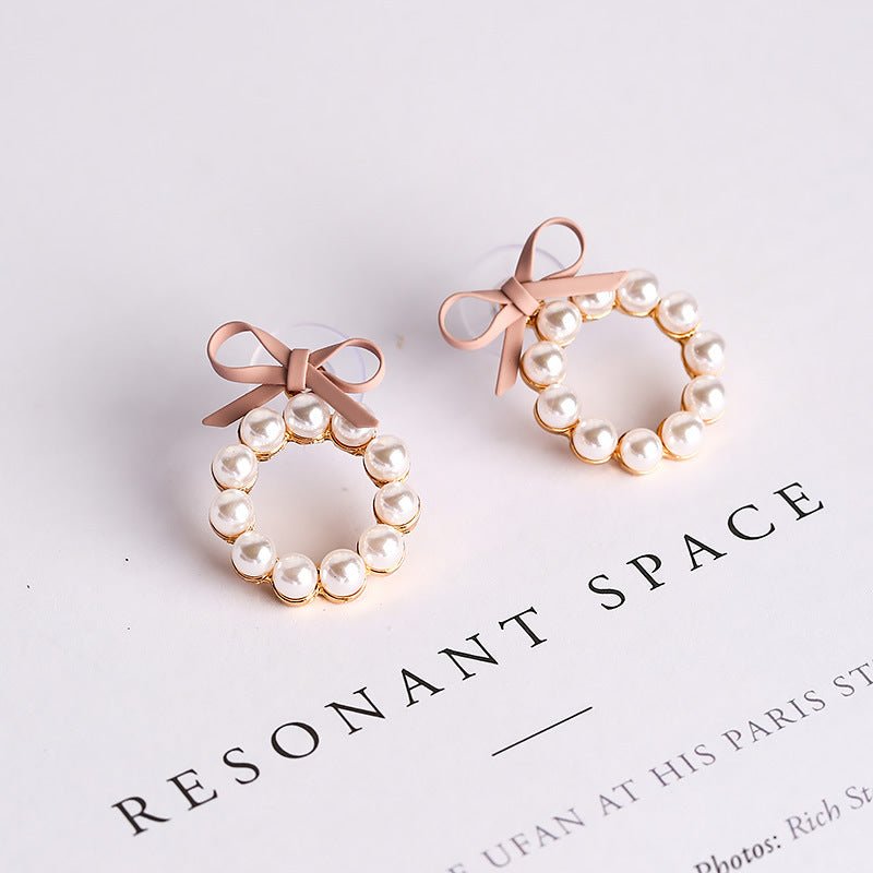 Geometric Pearl Stud Earrings Chic Cute Girl Bow Round Drop Earrings-Jewearrings