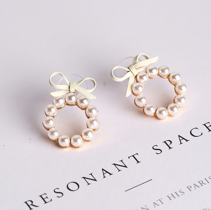 Geometric Pearl Stud Earrings Chic Cute Girl Bow Round Drop Earrings-Jewearrings